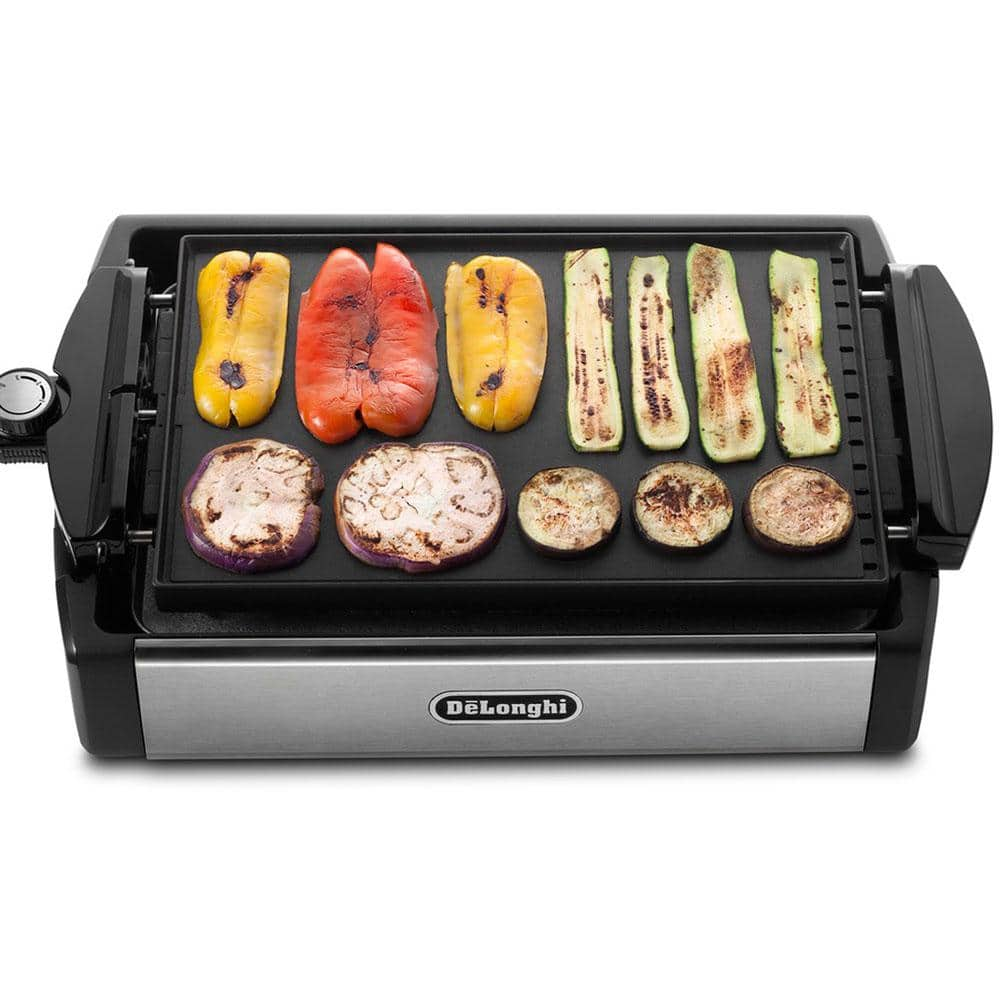 DeLonghi 2-in-1 Reversible 140 sq. in. Stainless Steel Indoor Grill with Non-Stick Surface BGR50