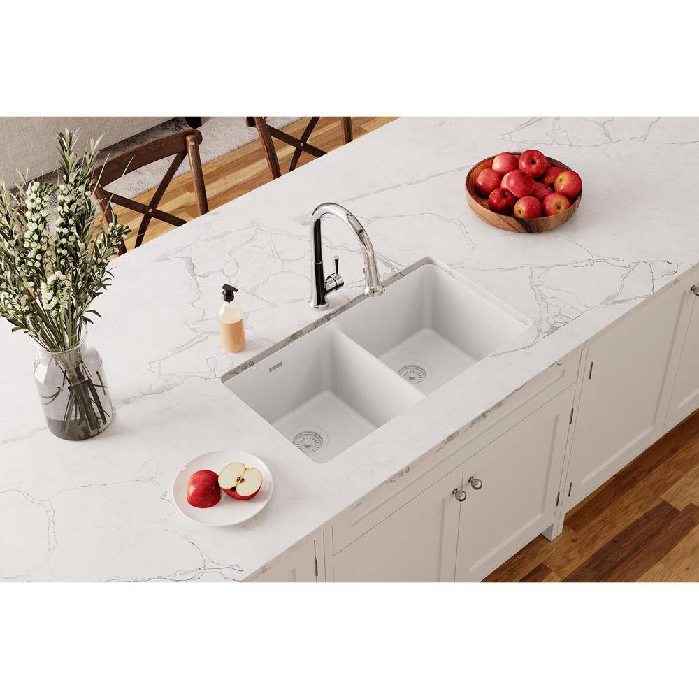 Elkay Quartz Classic White Quartz 33 in. Equal Double Bowl Undermount Kitchen Sink ELGU3322WH0