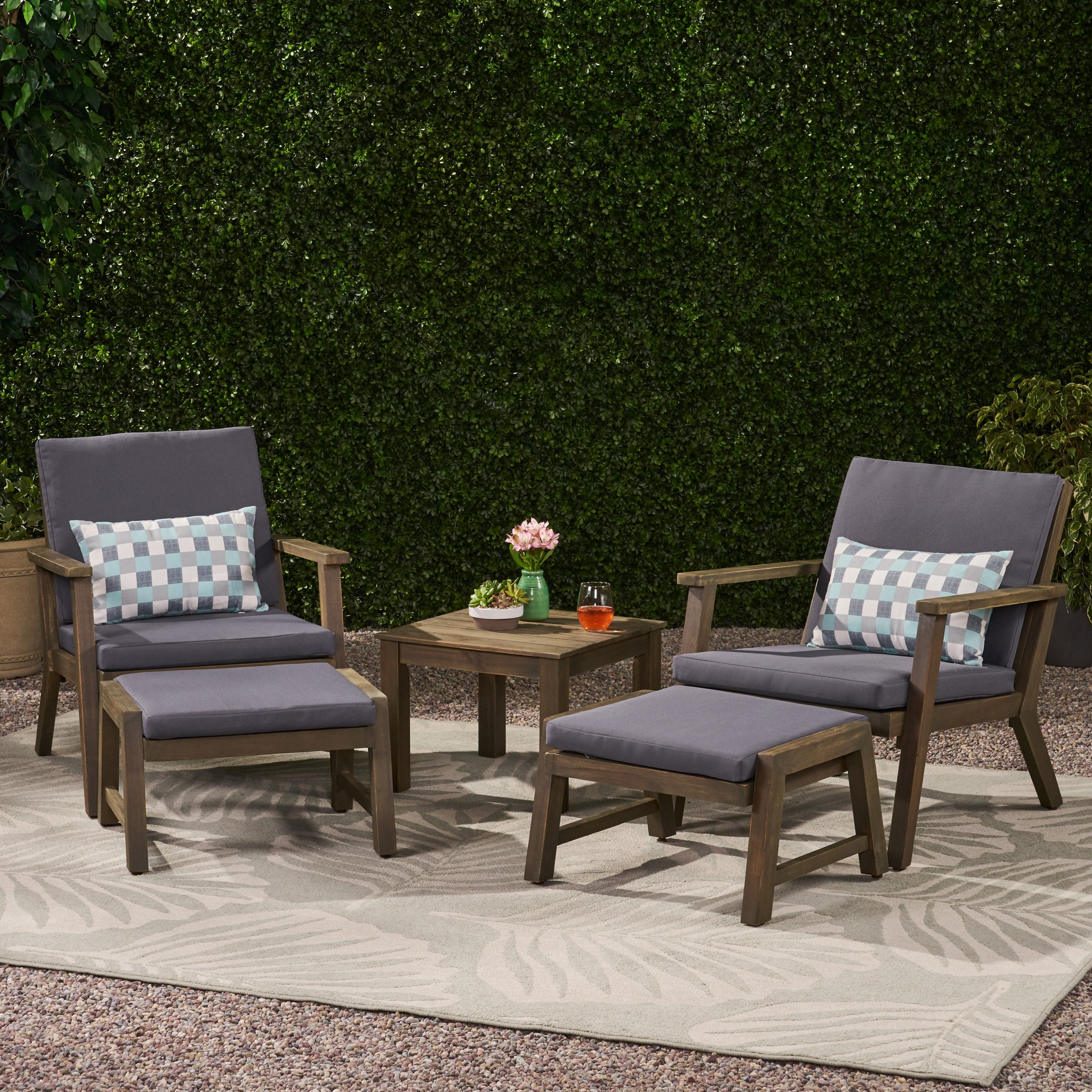 Avacyn Outdoor Mid-Century Modern Acacia Wood 2 Seater Chat Set with Ottomans