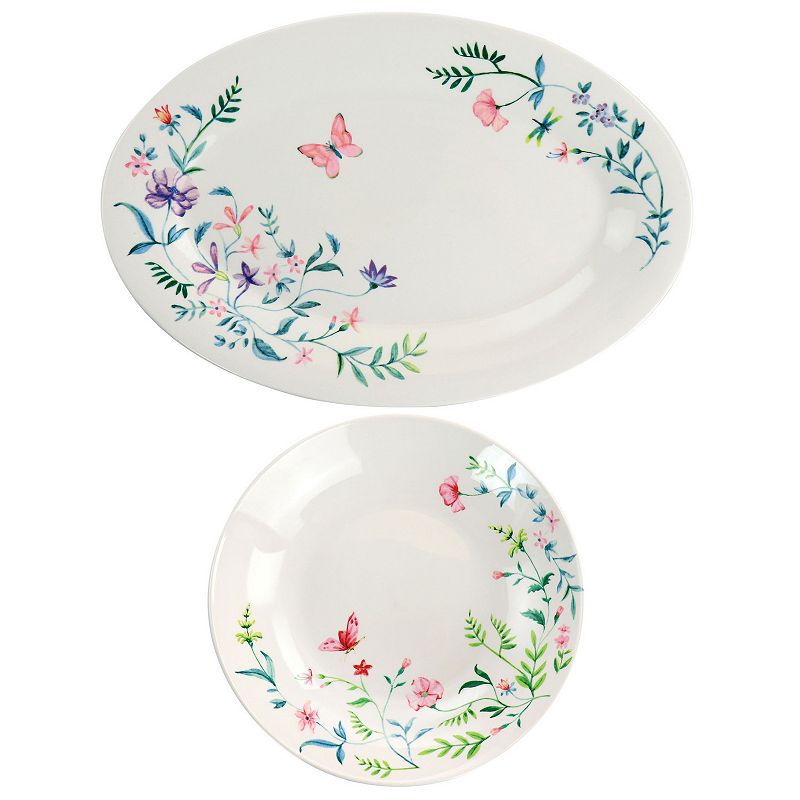 Gibson Everyday Butterfly Floral 2 Piece Fine Ceramic Platter and Dinner Bowl Set in White and Floral