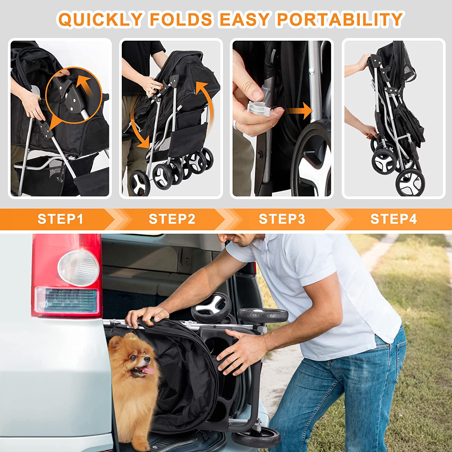 4 Wheel Dog Stroller for Small Medium Dogs and Cats Easy to Walk Foldable Carrier Strolling Cart with Storage Basket and Cup Holder