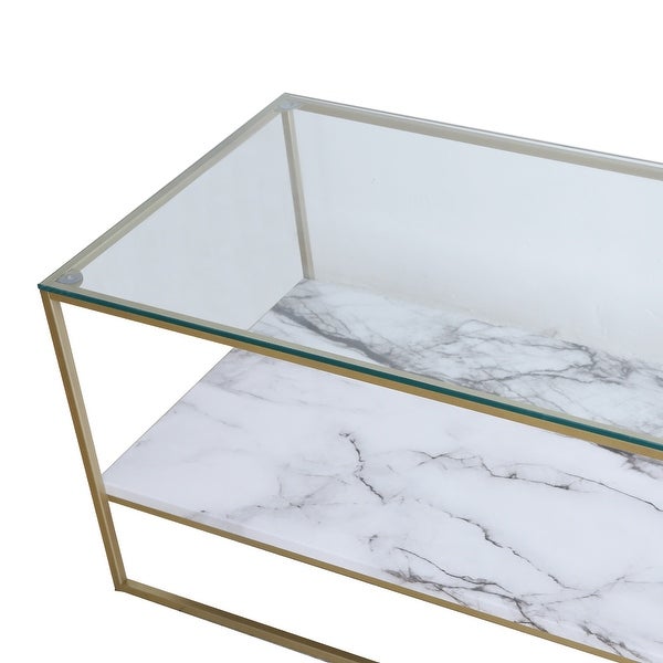 Roomfitters 2 Tier White Faux Marble Print Coffee Table with Glass Top