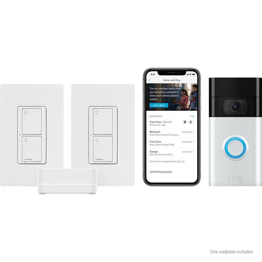 Lutron Caseta Smart Lighting Switch (2 Count Neutral Req.) Kit wRing 1080p Smart Video Doorbell (2020 Ver.) (PRCASETA-2SW-HD) PRCASETA-2SW-HD