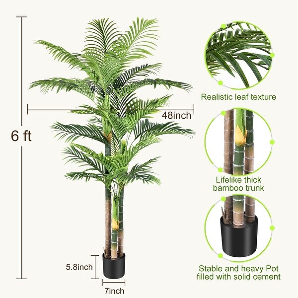 6ft Triple Golden Cane Palm Artificial Tree Large Tropical Palm Tree Fake Plant in Pot for Indoor Outdoor Office Home Decor