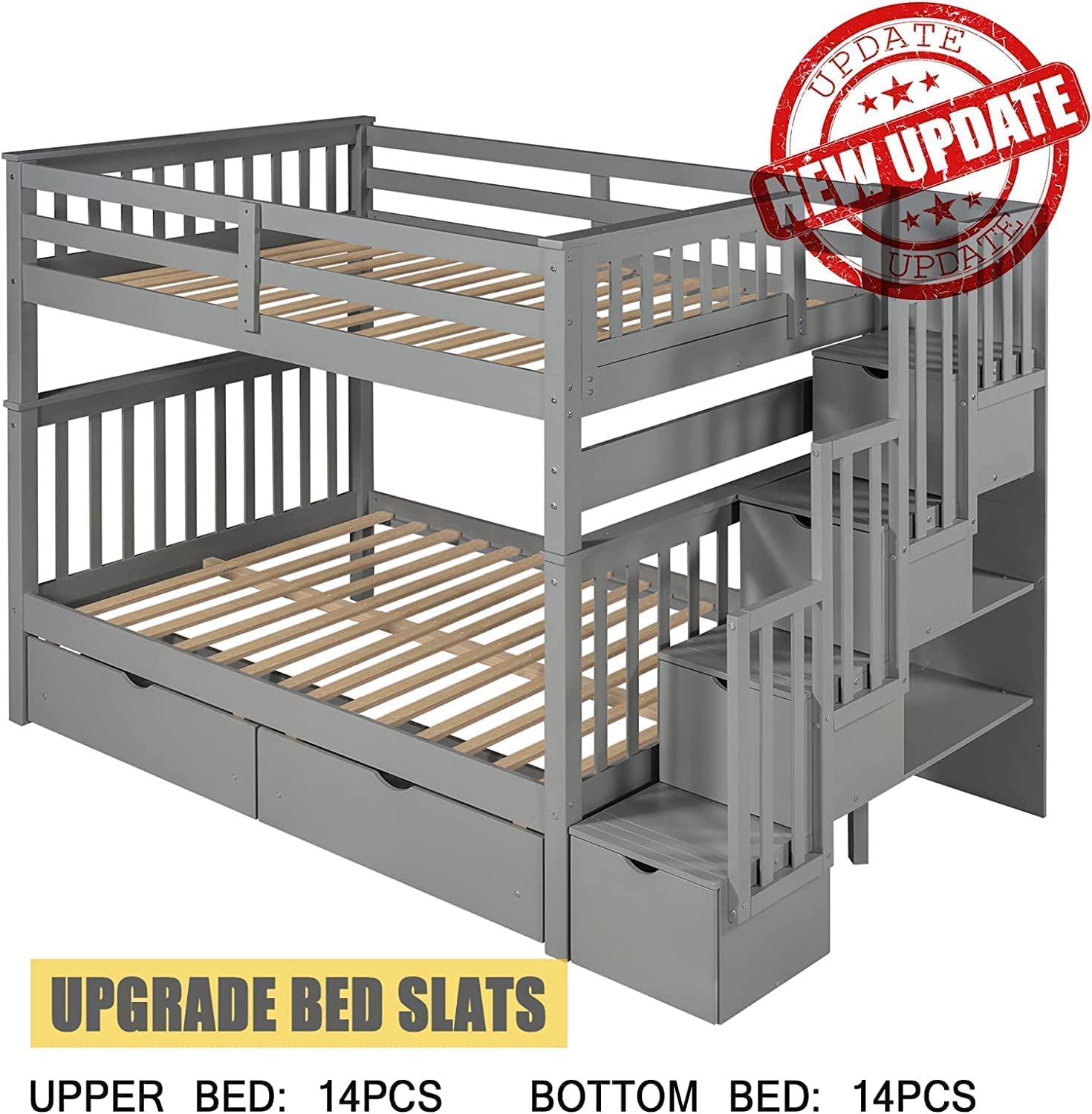 Bellemave Full Over Full Bunk Bed with Stairs and 6 Storage Drawers, Solid Wooden Detachable Bunk Bed Frame with Storage Shelves for Kids Teens Adults (Grey)