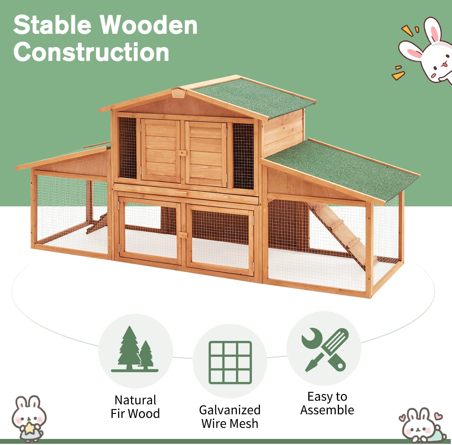 Yoleny Rabbit Hutch Wooden Two Story Bunny Cage Indoor Rabbit Cage Outdoor， Guinea Pig House Hamster Hideout， Galvanized Mesh Wires， Weatherproof Asphalt Roof