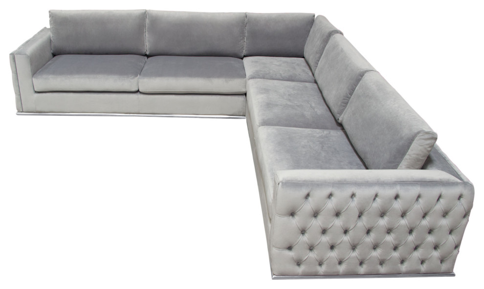 Envy 3 Piece Sectional  Platinum Gray Velvet With Detail and Silver Metal Trim   Contemporary   Sectional Sofas   by HedgeApple  Houzz