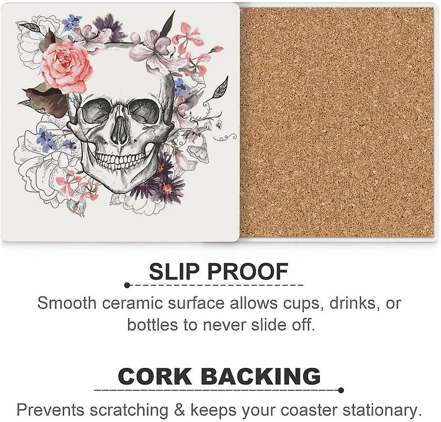 Printed Square Skull And Flowers Ceramic Coasters With Cork-backed For Coffee Drink Cup Mat Absorbent Stone Coaster Set Of 4/6