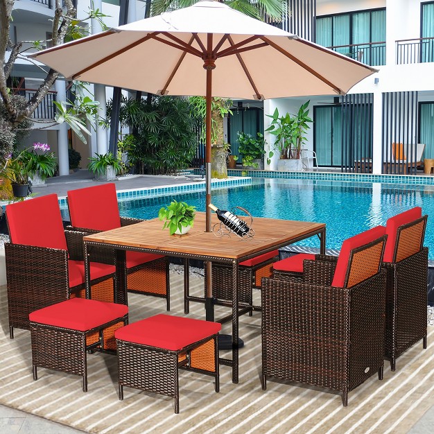 Costway 9pcs Patio Rattan Dining Set Cushioned Chairs Ottoman Wood Table Top White red