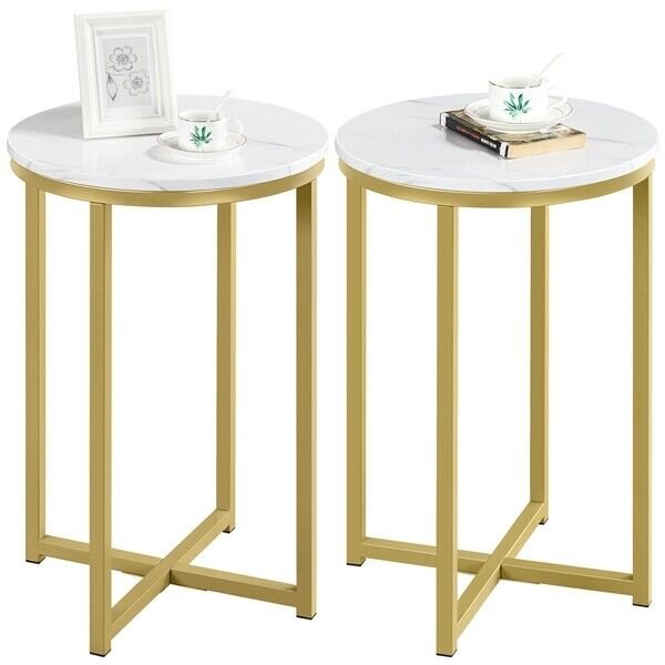 Set of 2 X-Based Faux Marble End Table Home Furniture w/ Round Top and Metal Legs