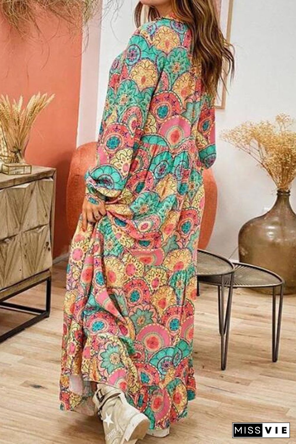 Lace-Up Neckline Long Sleeve Maxi Dress