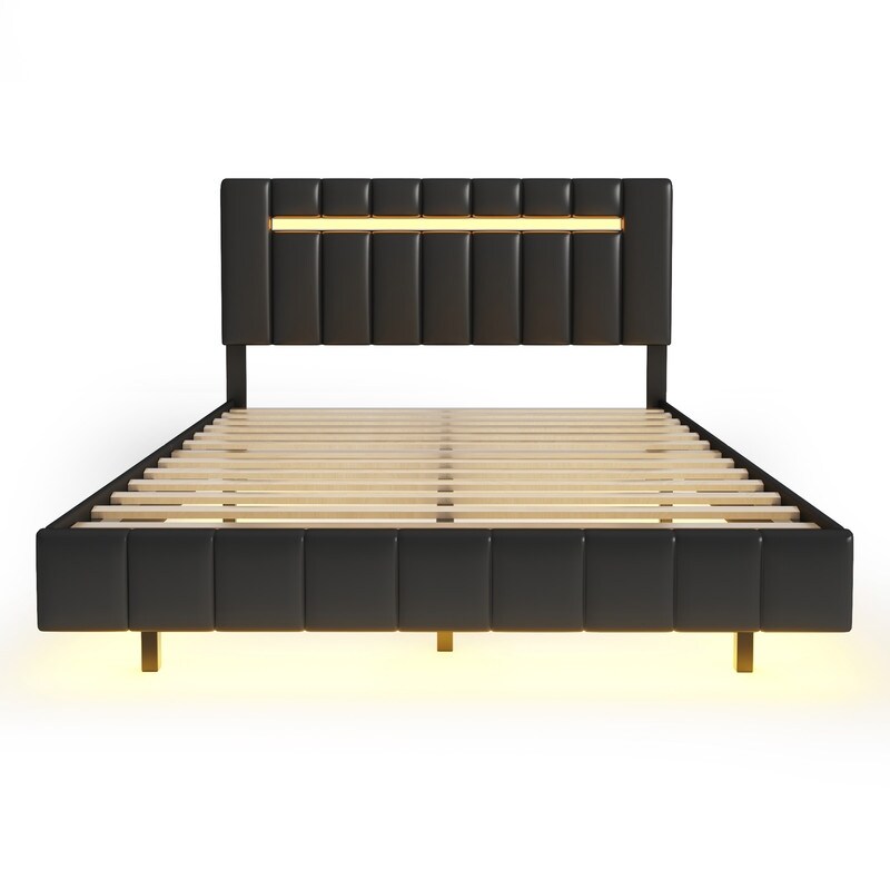 PU Upholstered Platform Bed with LED Lights and USB Charging Queen Size