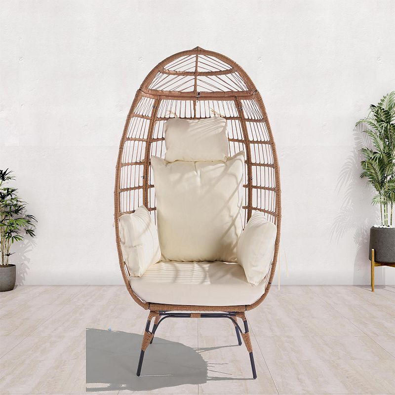 F.C Design Wicker Egg Chair Oversized Lounger for Patio， Backyard， Living Room - Steel Frame， 5 Cushions