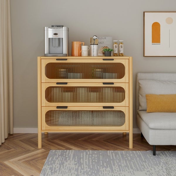 Minimalist Accent End Table with 3 Hazy Glass Drawers， Natural Wooden Nightstand， Bedside Table， Small Dresser Cabinet