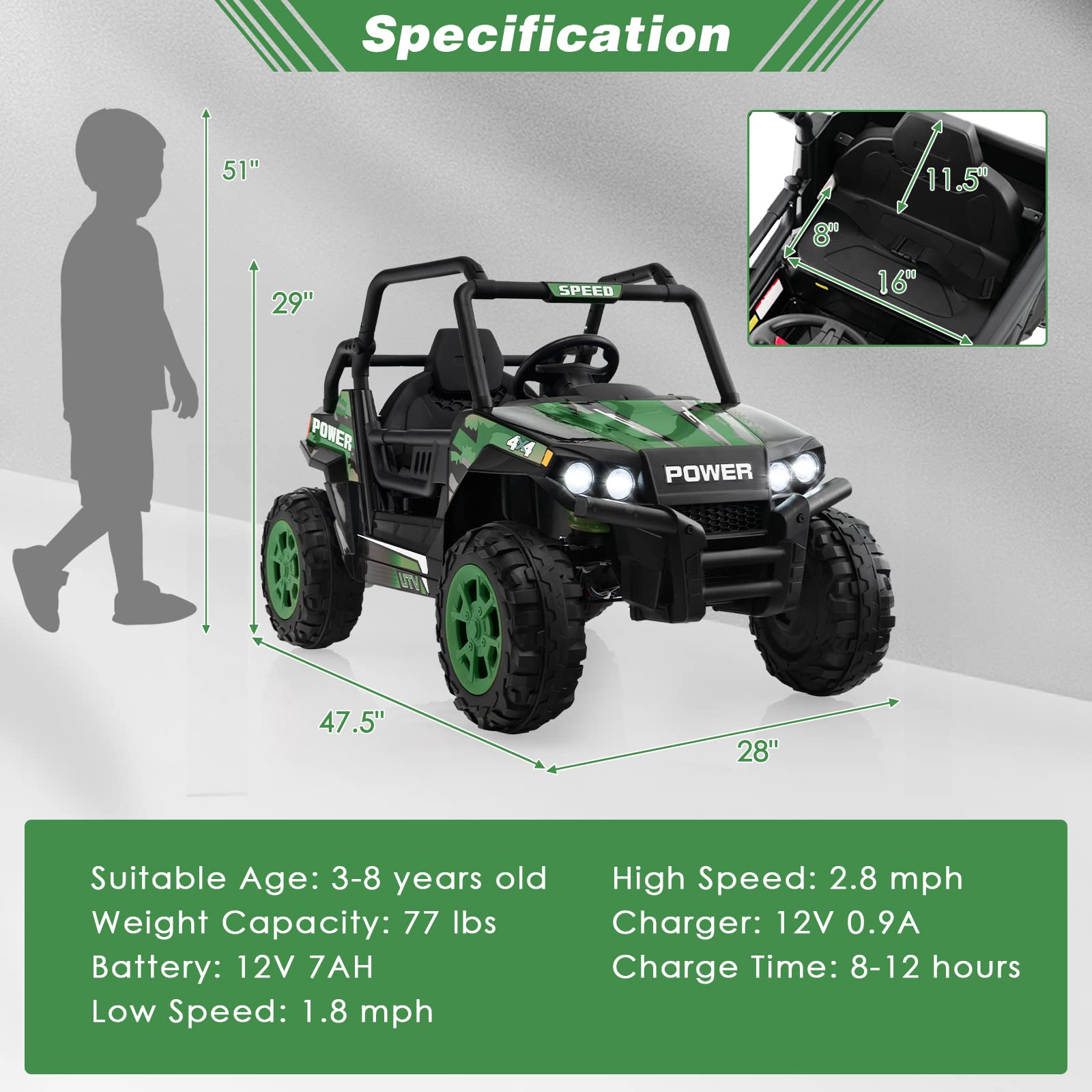 Costzon Ride on Car, 12V Kids UTV, Boys Girls Aged 3-8 Years, Ride on UTV