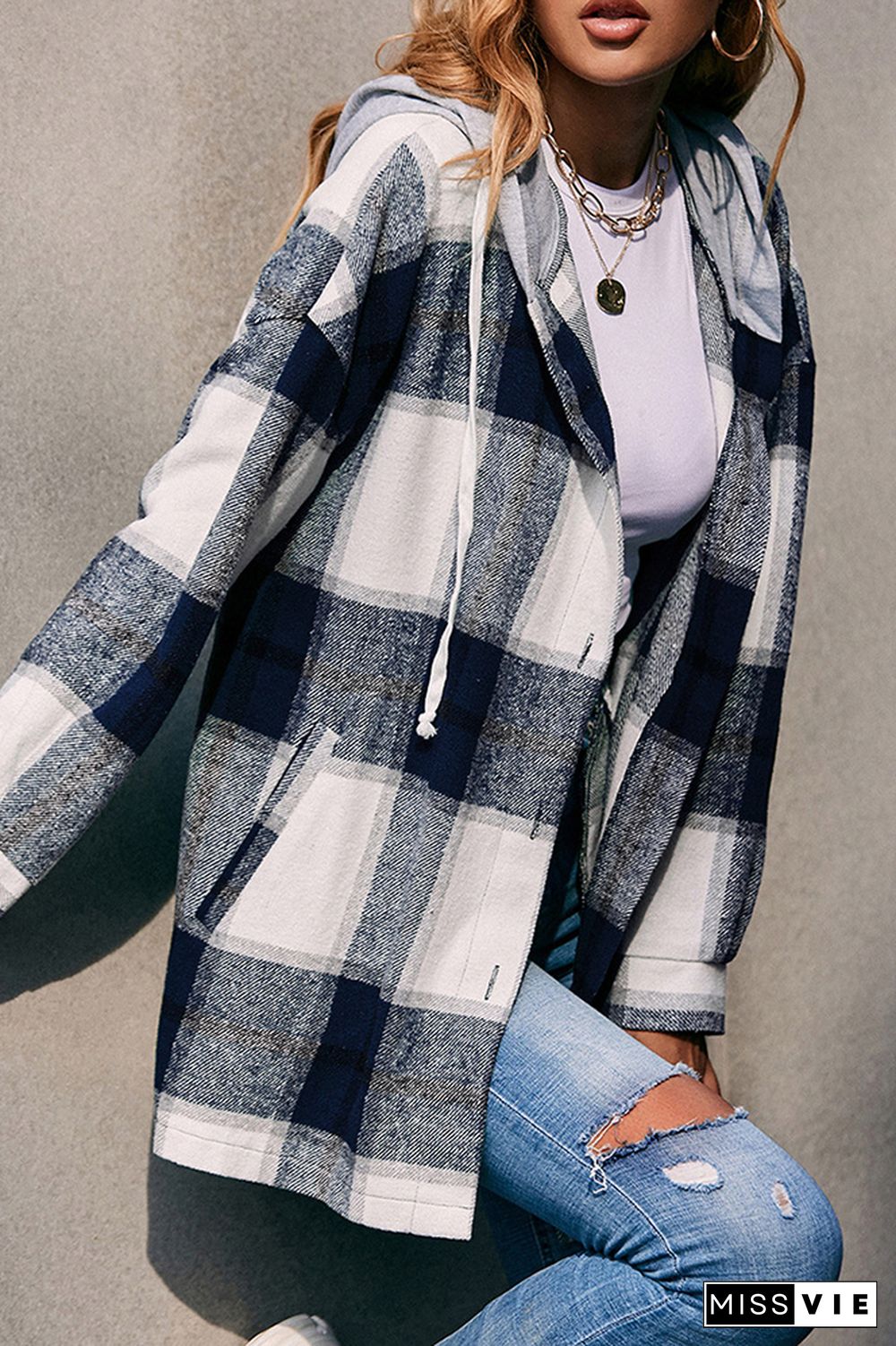 Plaid Button Front Hoodies Shacket Jacket Women Wholesale