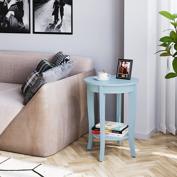 End Table Living Room Small Side Table with 2-Tier Storage Shelves，Round Bedside Tables