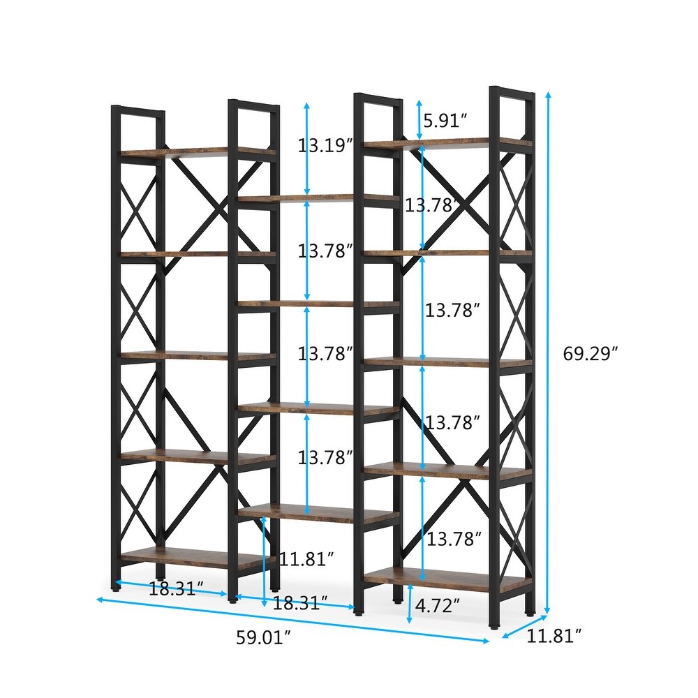 Triple Wide 5 Shelf Bookcase  Etagere Large Open Bookshelf Vintage Industrial Style Shelves Wood and Metal bookcases