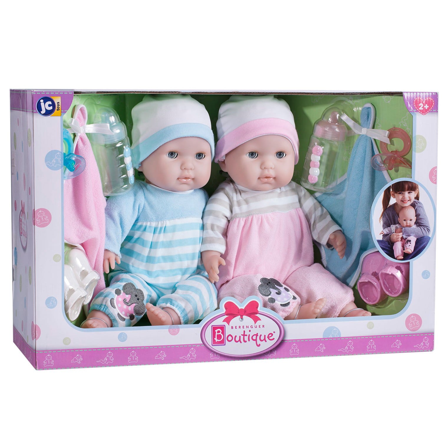 JC Toys Berenguer Boutique Twins 15" Soft Body Baby Dolls - Open/Close Eyes - Gift Set