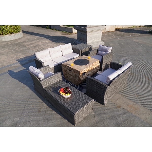 7Piece Outdoor Wicker Conversation Sofa Set with Fire Pit