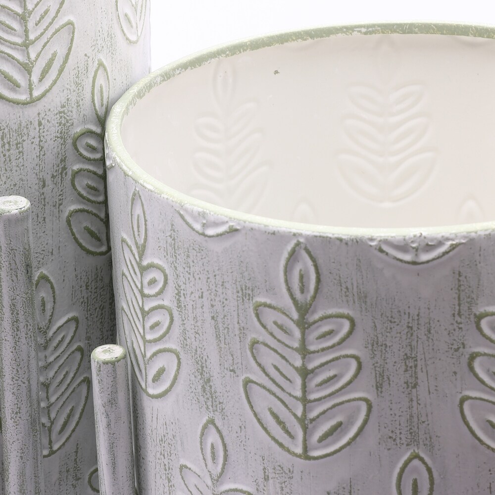 White and Sage Green Metal Leaf Cachepot Planters (Set of 2)