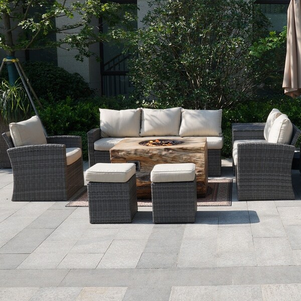 7piece Patio Wicker Garden Chat Sofa Set with Fire Pit and Storage Box