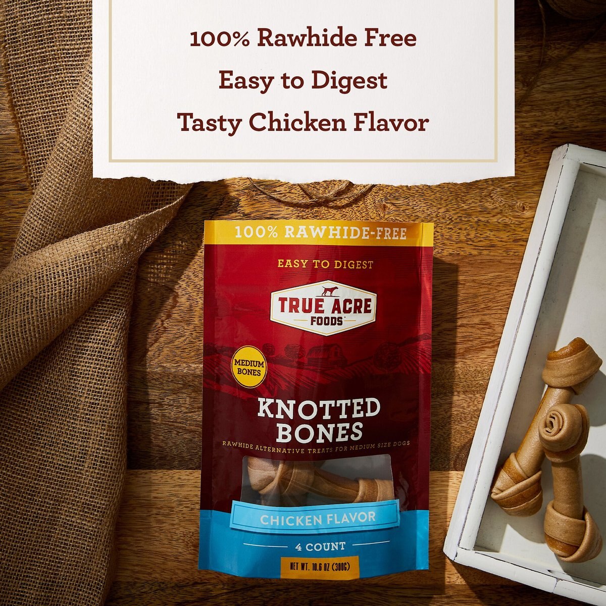 True Acre Foods Rawhide-Free Knotted Bones Chicken Flavor Treats， Medium， 4 count