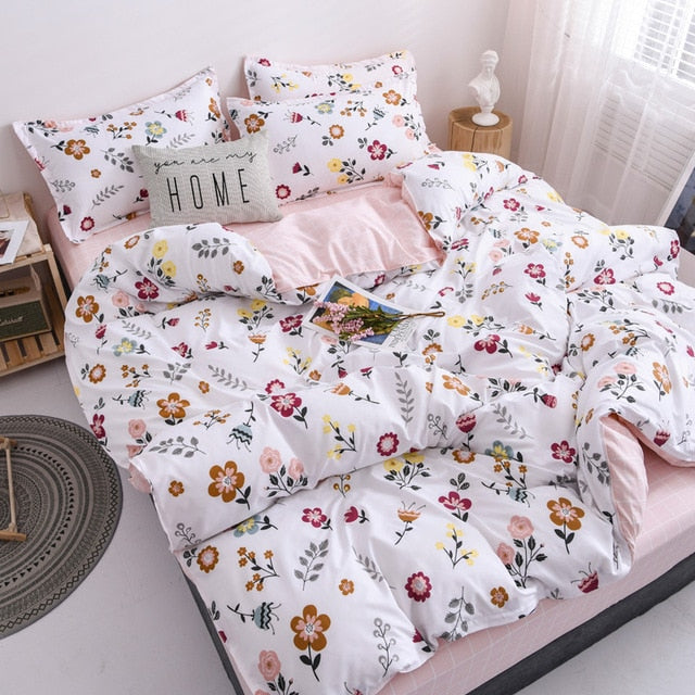 Flower Duvet Cover Bedding Set Peach Daisy Pastoral style Flat Bed Sheet