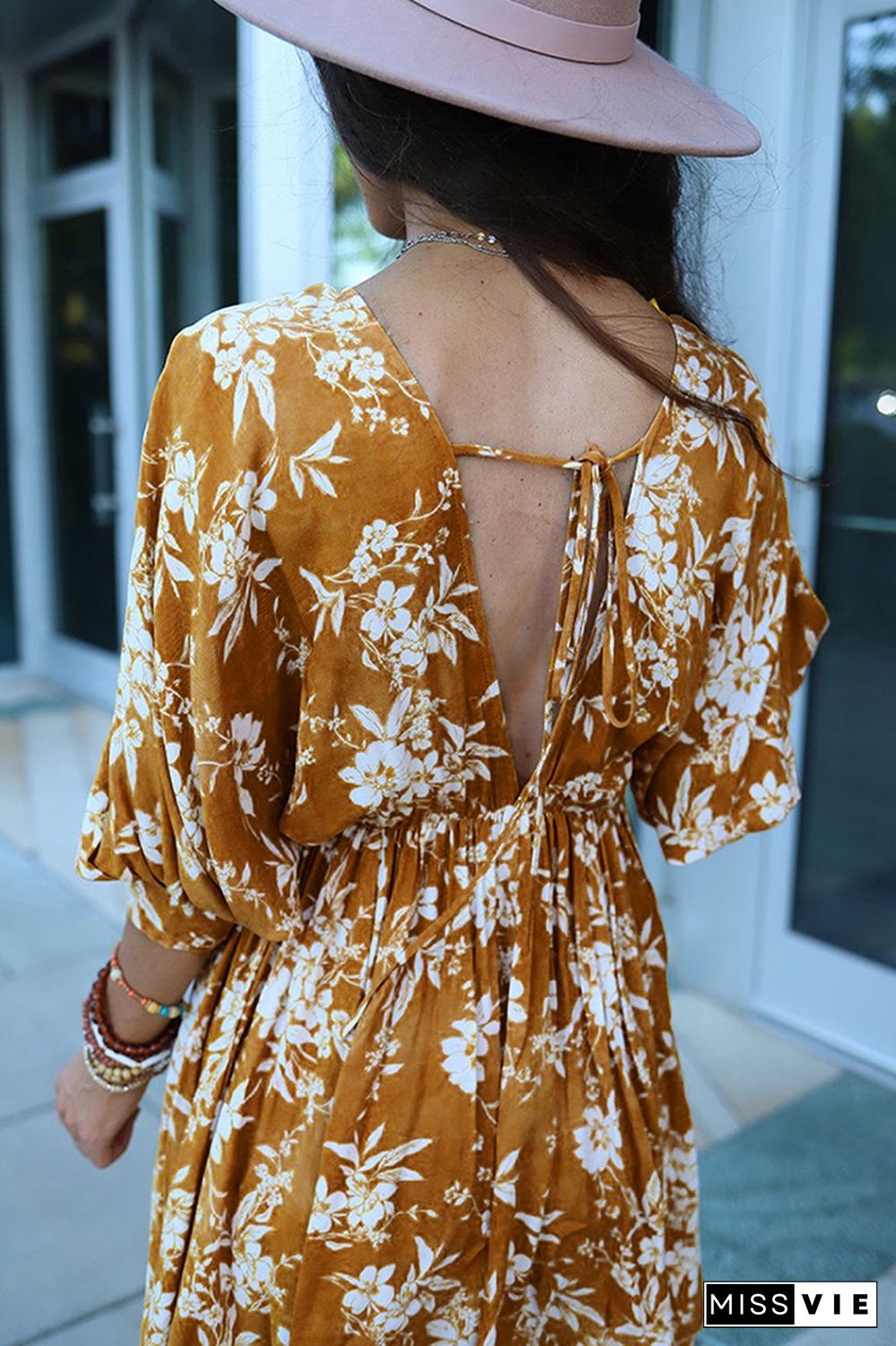 Floral Print V Neck Backless Dress Wholesale