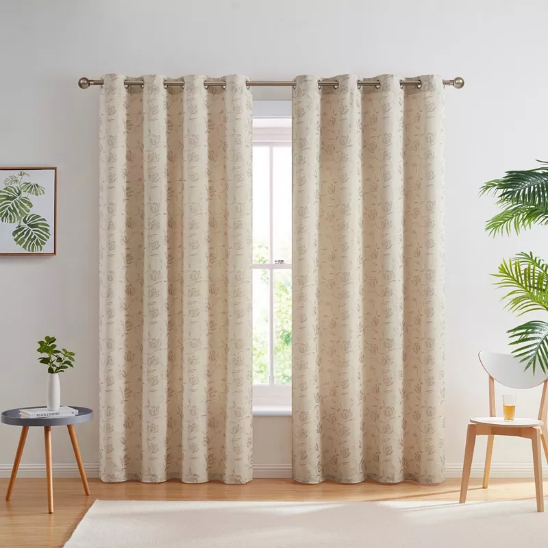 THD Zoe Burlap Flax Linen Floral Jacquard Window Grommet Long Thick Curtains Drapery Panels， Set