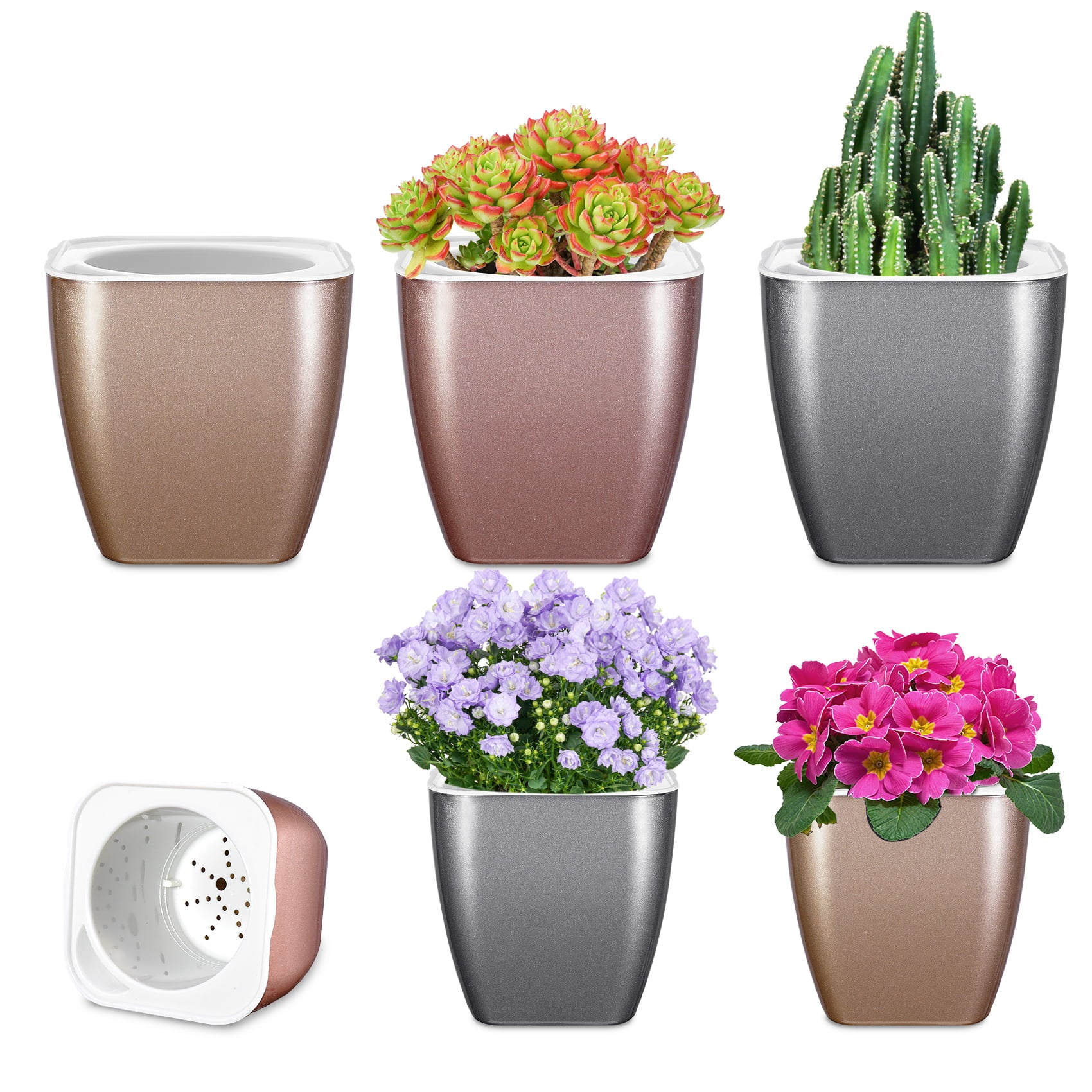 HEMOPLT Pack of 6 Self Watering Planters, 5/6.8 Inch Simulated Metallic Plant Pots, Thickness of 0.15" Sturdy Flower Pots, Ideal Birthday (Champagne Gold, Black Silver, Rose Gold) Plastic