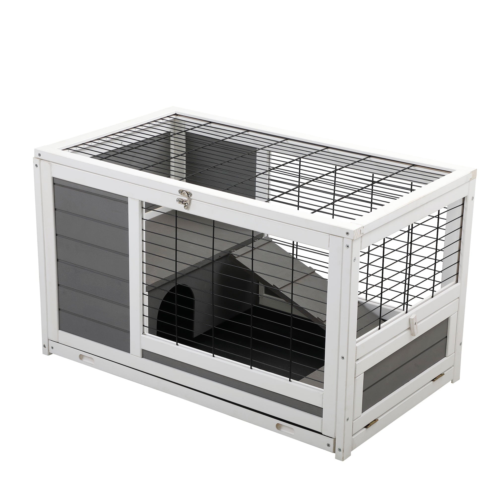 2-Tier Pet House，Indoor Rabbit Hutch with Enclosed Run，for Rabbits and Guinea Pigs，Grey