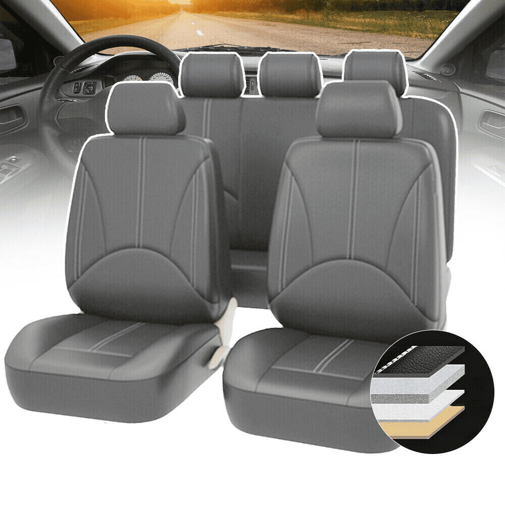 9PCS PU Leather Universal Car Seat Covers Full Set，Luxury Leather Soft Waterproof Gray for Cars SUV Sedan