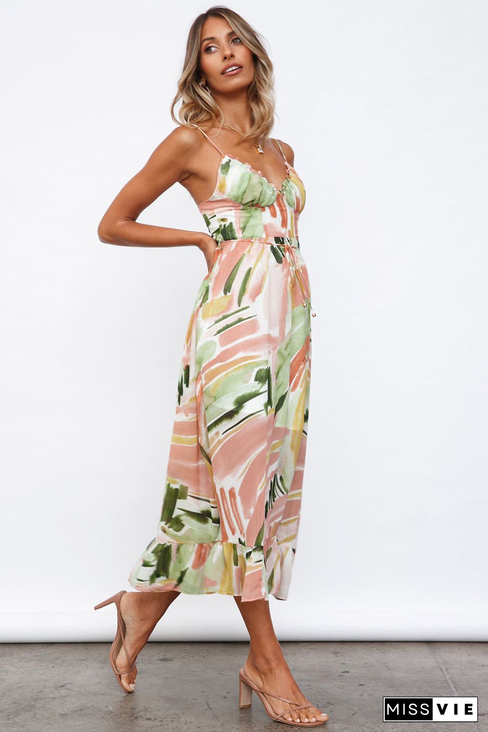 Multicolor Spaghetti Straps Graffti Print Long Dress