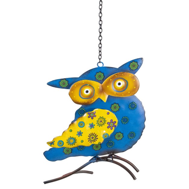 Blue And Yellow Metal Owl Outdoor Wall Hanging