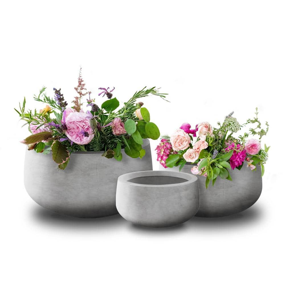 PLANTARA 20 in.， 16 in. and 10 in. D Round Raw Concrete Planter， Modern Flower Pot (Set of 3)， Outdoor Planter Pot for Garden， PA051S3-8021