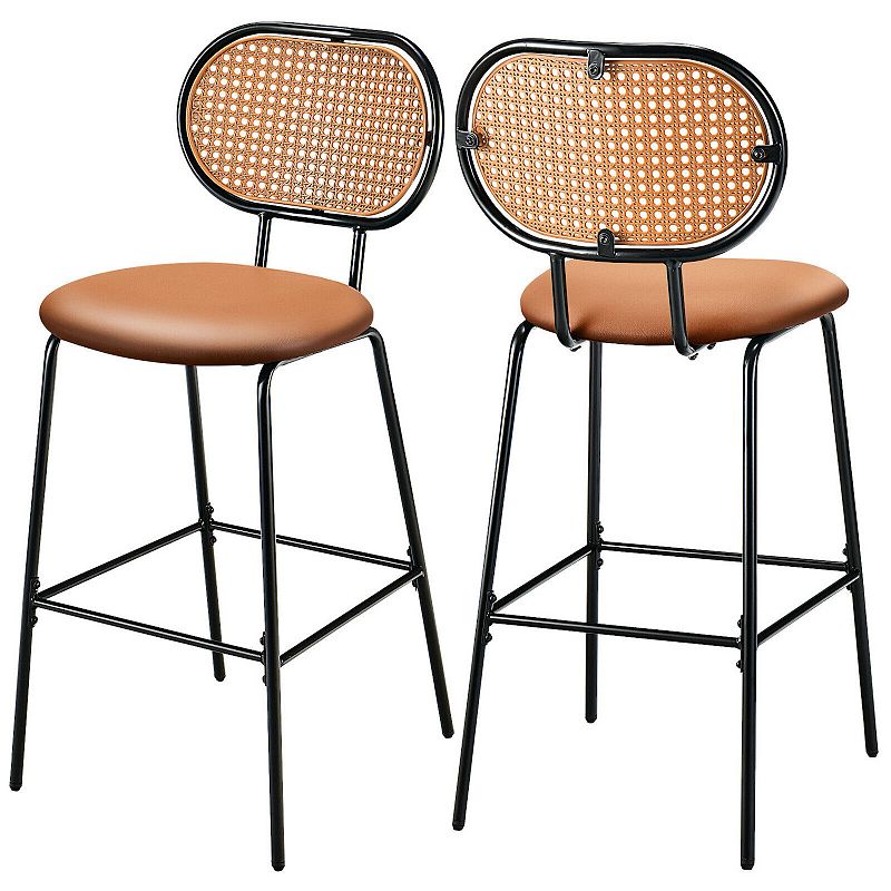 29.5 Inch Modern Faux Leather Bar Stools with Imitation Rattan Woven Backrest