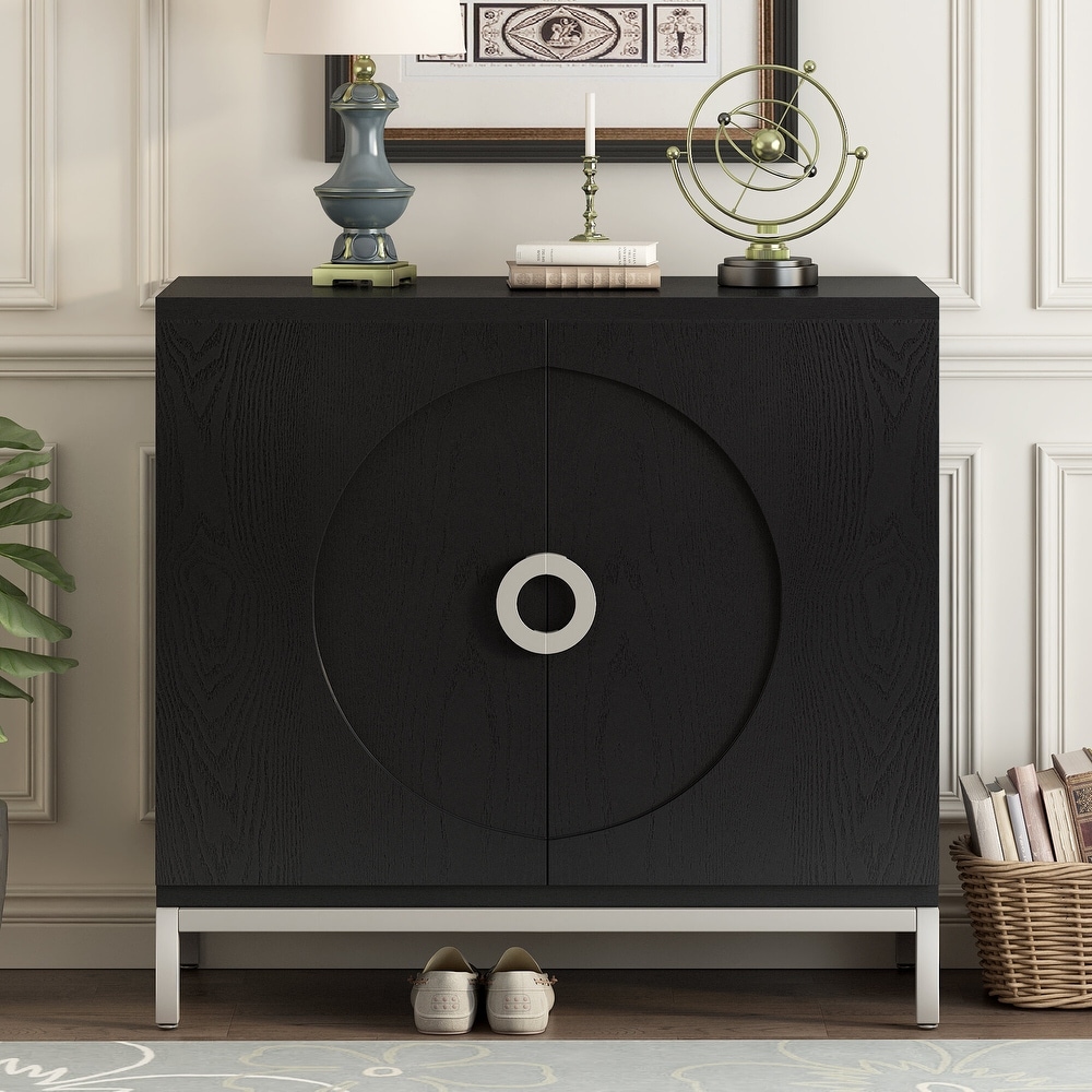 Simple Storage Cabinet Accent Sideboard with Solid Wood Veneer and Metal Leg Frame for Living Room  Entryway  Dining Room