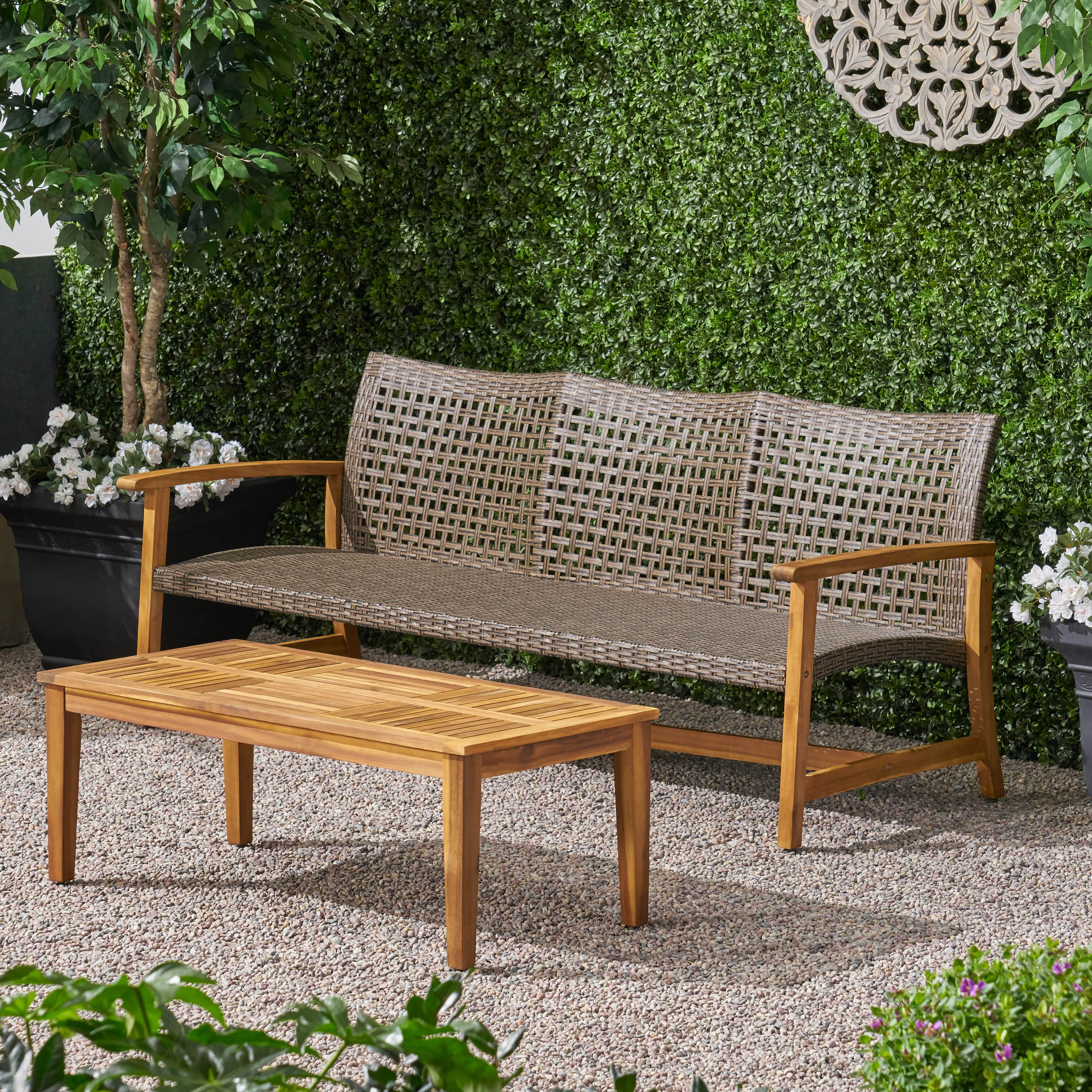 Beacher Belloc Outdoor Wood and Wicker Sofa and Coffee Table Set