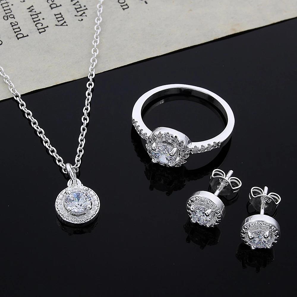 Born Pretty Zircon Crystal Silver Jewelry Necklace Ring Earrings Set Three-piece Set Jewelry