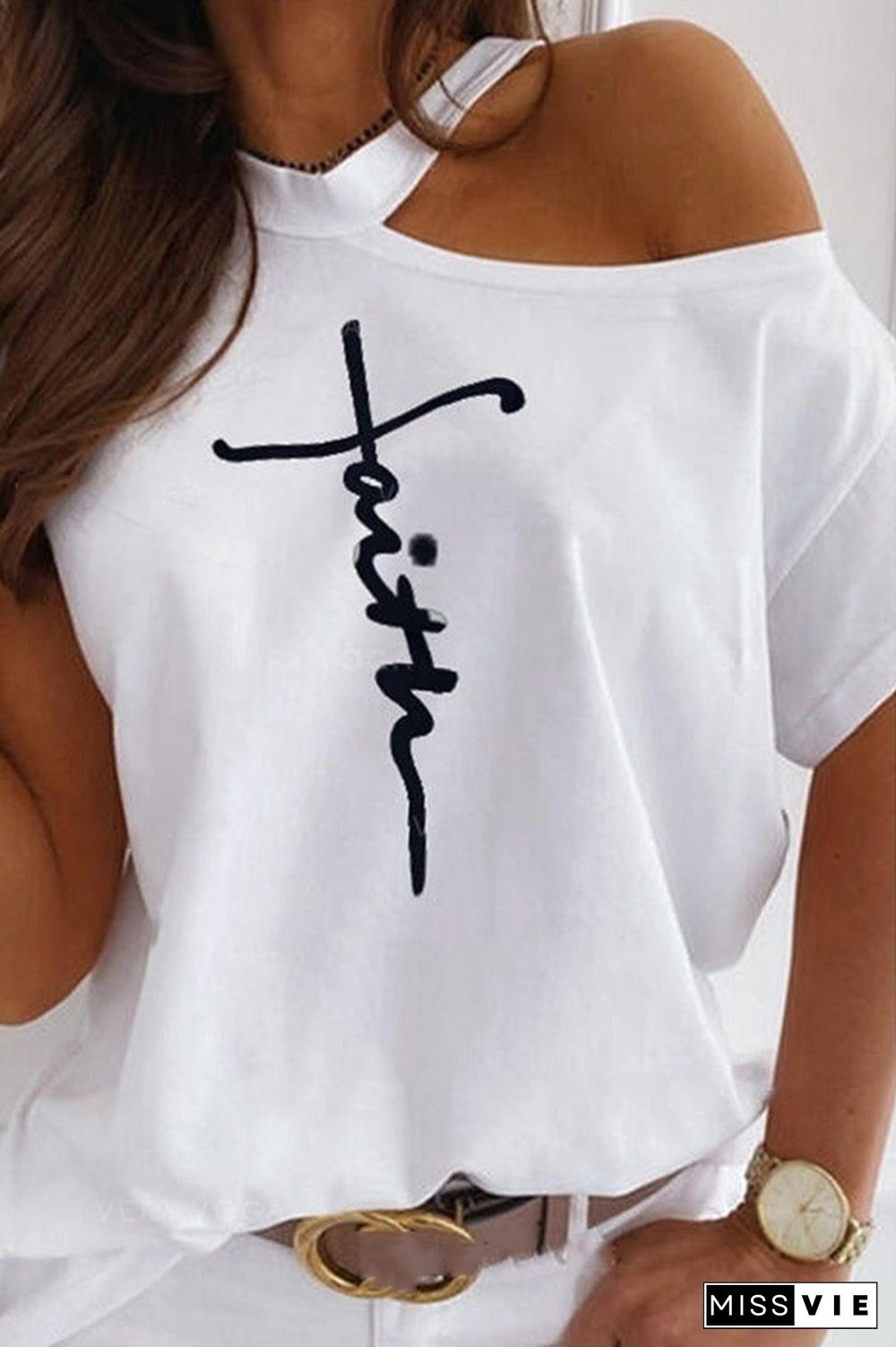 White Letter Printed Off Shoulder Short Sleeve Tee