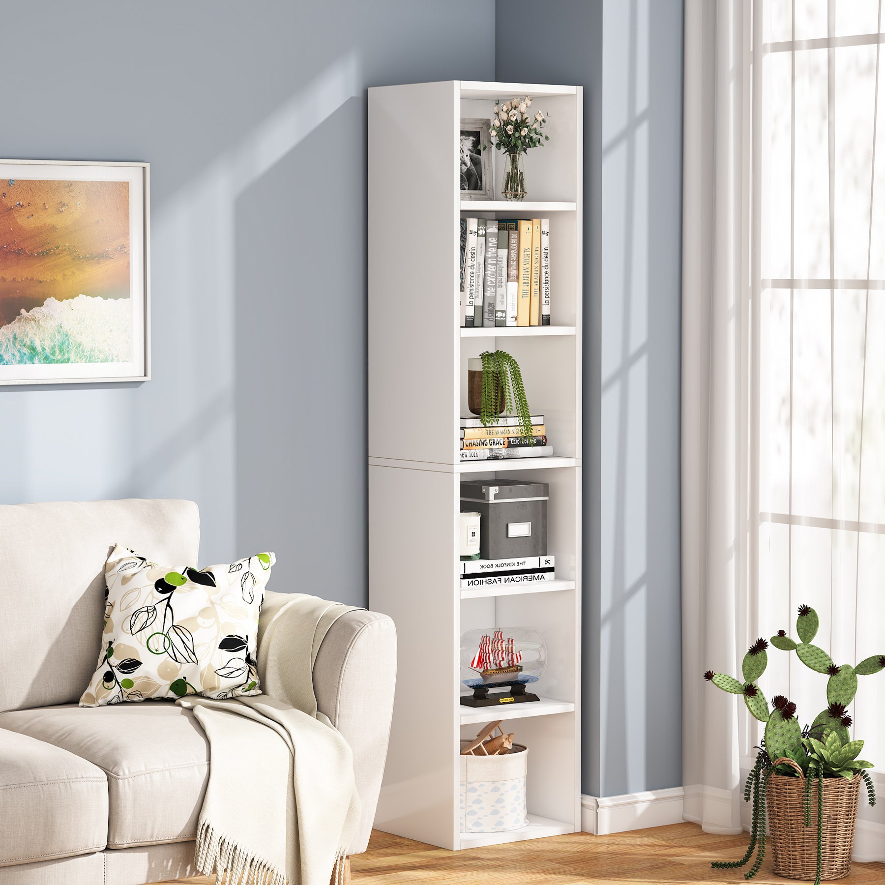 70.9 Corner Bookcase, Modern 6-Tier Narrow Cube Display Shelves