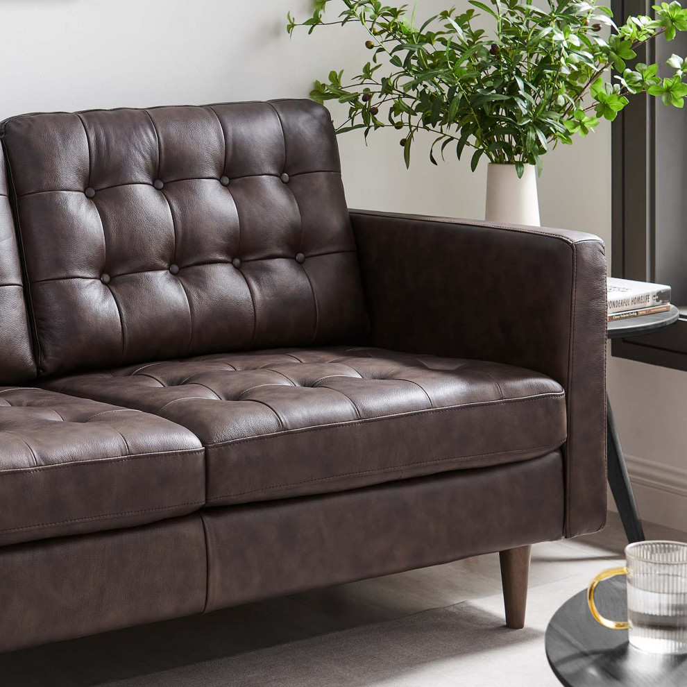 Exalt Tufted Vegan Leather Loveseat  Brown   Midcentury   Loveseats   by VirVentures  Houzz