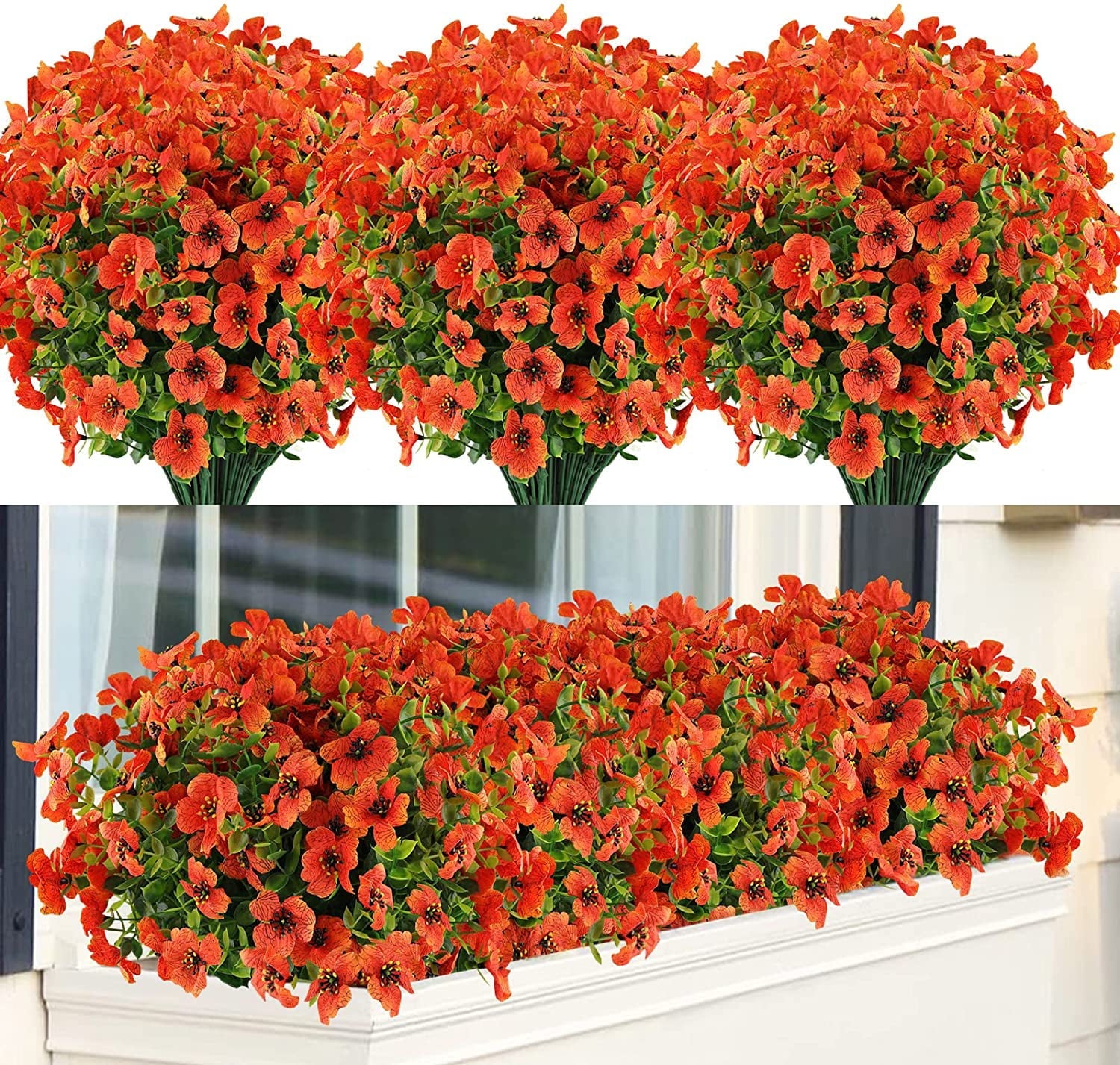 Sinhoon 18 Bundles Artificial Flowers UV Resistant Fake Plants Outdoor Faux Plastic Flowers Garden Window Box Porch Home Decor (Rosy Red)