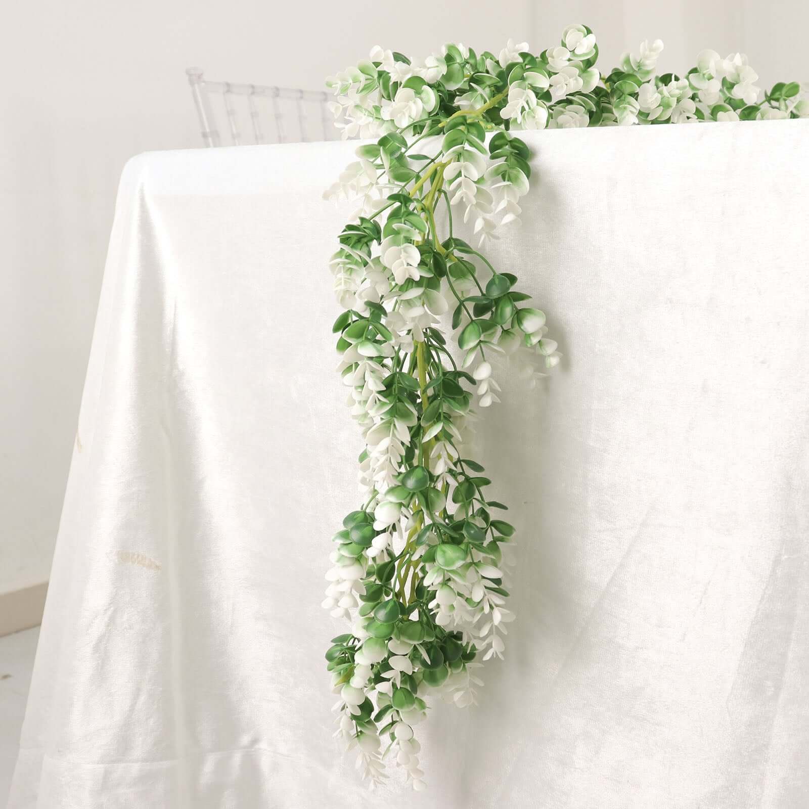 White / Green Artificial Eucalyptus Leaf Table Garland, Real Touch Hanging Greenery Vine 6ft