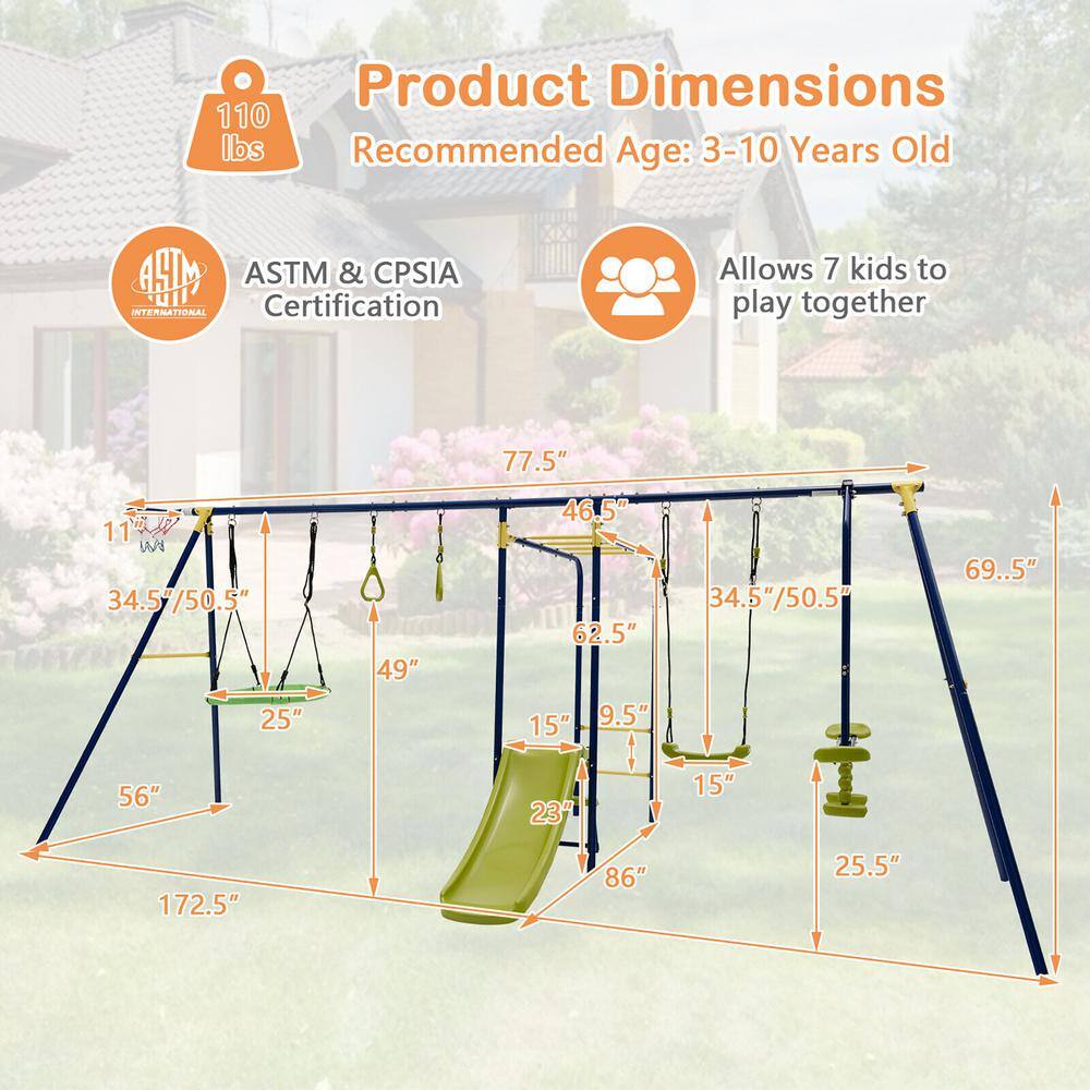 Gymax 660 lbs. Kids Metal Swing Set for Backyard 7-in-1 Multi-Functional Swing Set GYM10812