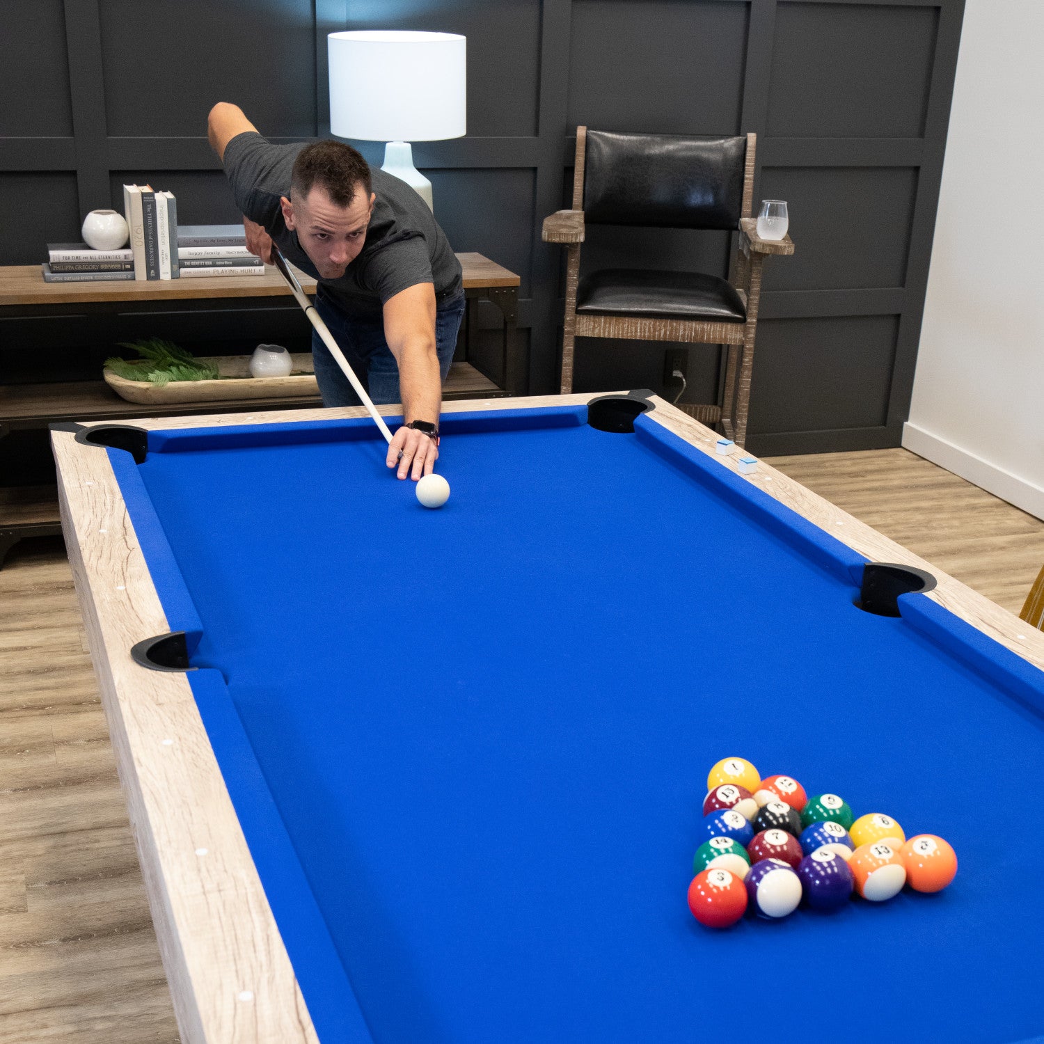 American Legend Kirkwood 84" Billiard Table with Rustic Blond Finish, K-Shaped Legs and Royal Blue Cloth