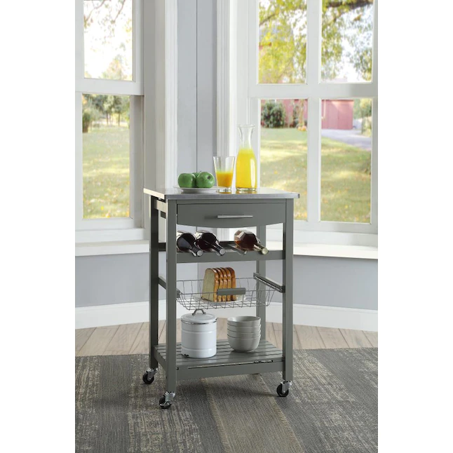 Linon KI093GRY01U Gray Wood Base with Stainless Steel Metal Top Rolling Kitchen Cart (22.88-in x 15.75-in x 33.88-in)