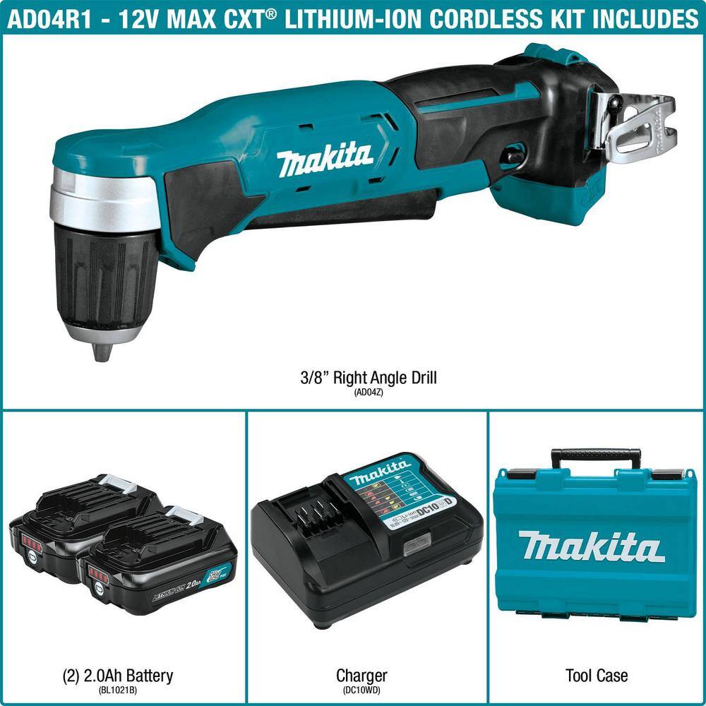 Makita 12V max CXT Lithium-Ion Cordless 38 in. Right Angle Drill Kit (2.0 Ah) AD04R1