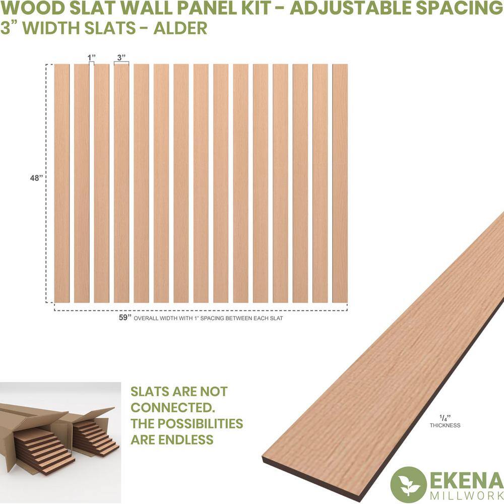 Ekena Millwork 47-in H x-14-in T Adjustable Wood Slat Wall Panel Kit w3-in W Slats Alder (contains 15 Slats) SWW60X48X0250AL